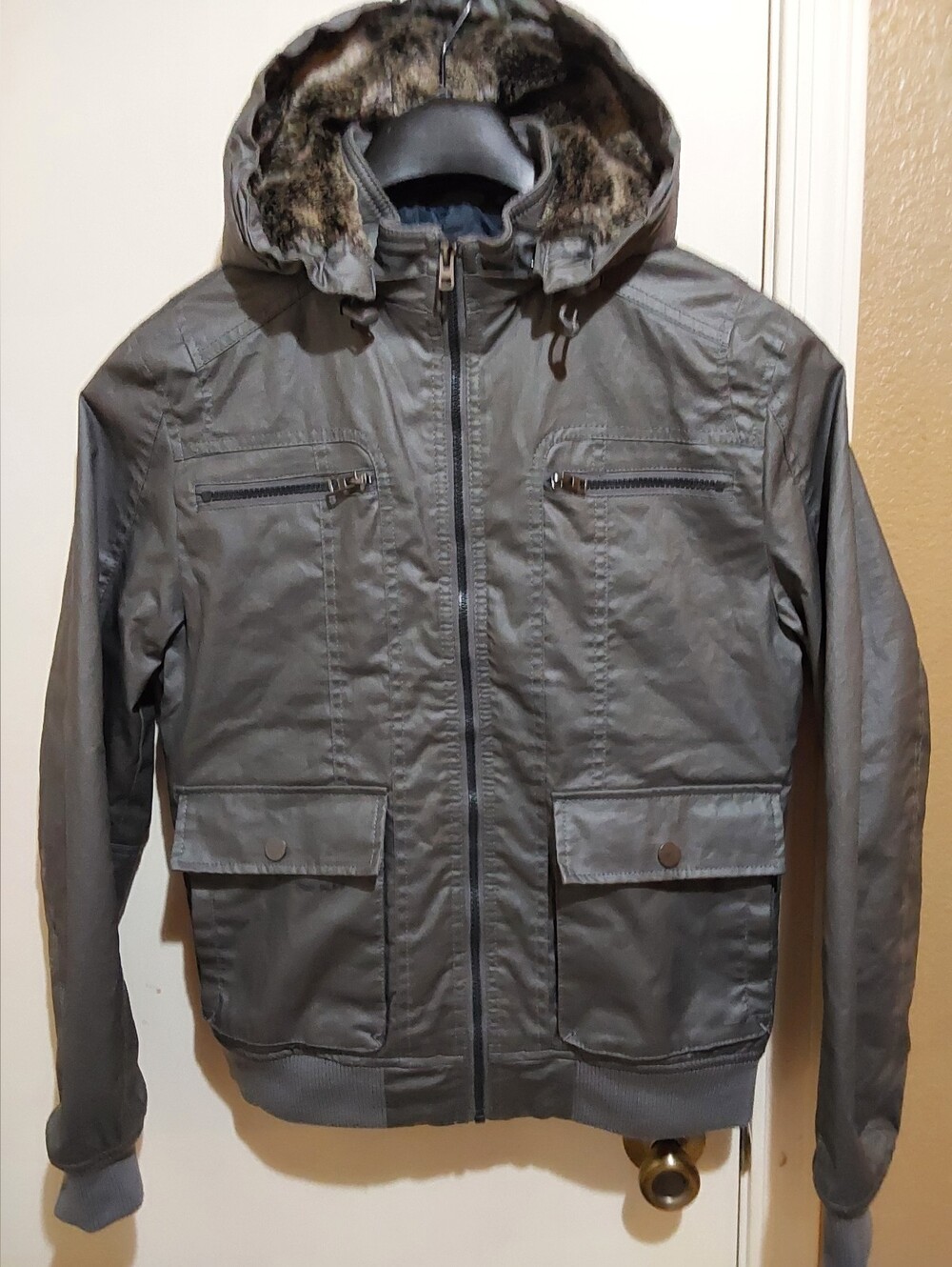 🌺 Near New Mens INC Faux Leather Gunmetal Hooded Jacket